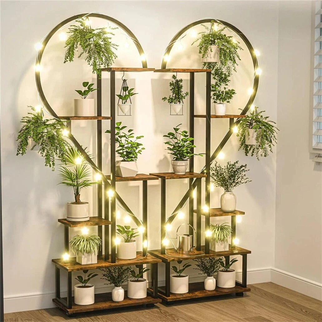 Set van 2 Halve Hartvormige Plantenstandaards – 6-Laags Verticaal Plantenrek – Metaal & MDF Hout – 112 × 28 × 165 cm – Voor Binnen en Buiten