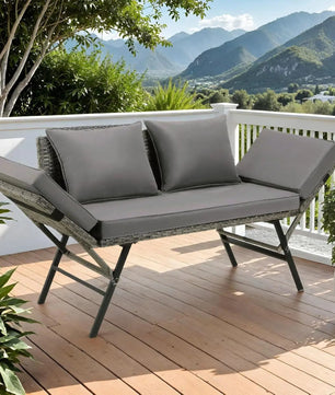 3-Zits Polyrattan Tuinbank met Verstelbare Armleuningen – Omvormbaar tot Ligstoel, Inclusief Weerbestendige Kussens & Stalen Frame – 176 cm