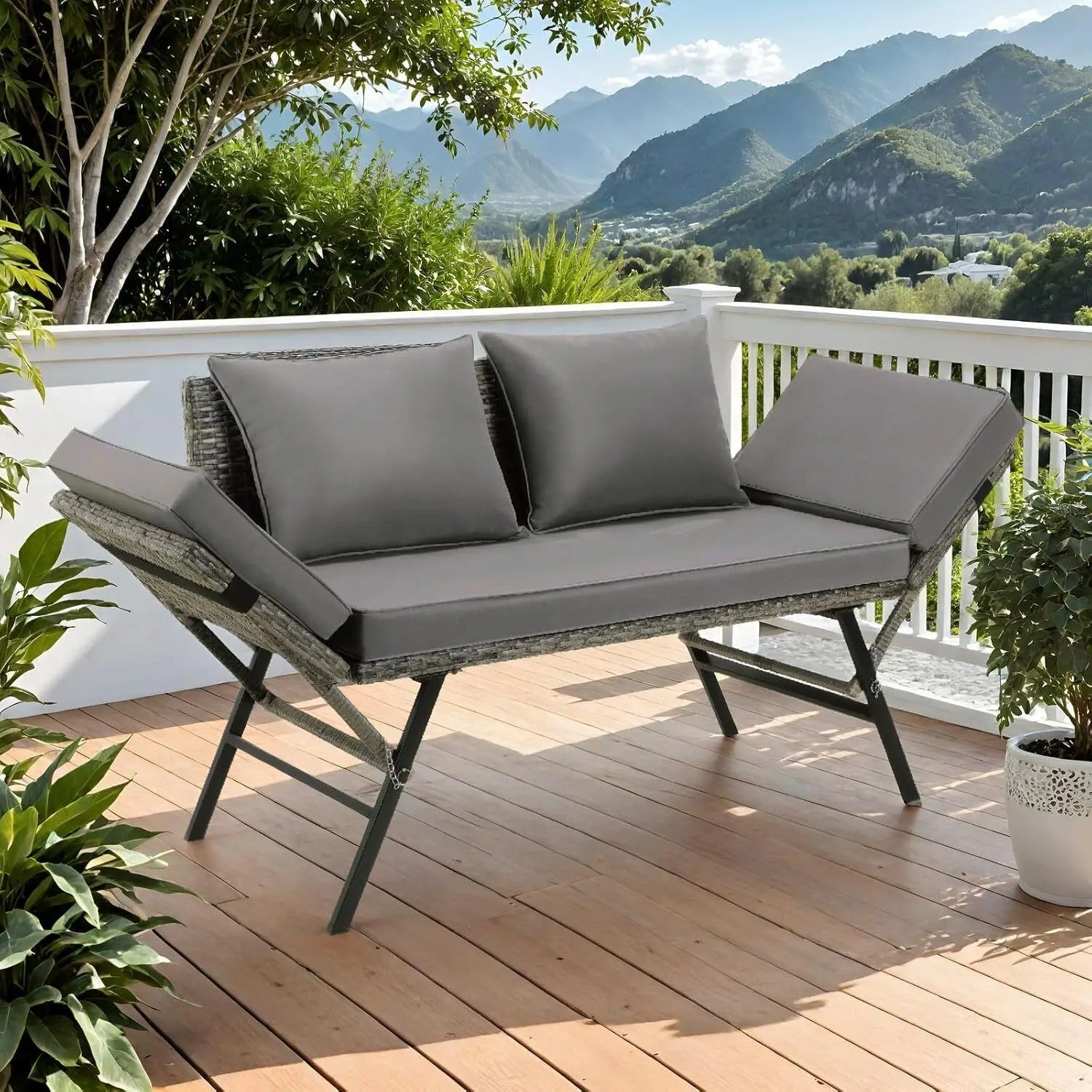 3-Zits Polyrattan Tuinbank met Verstelbare Armleuningen – Omvormbaar tot Ligstoel, Inclusief Weerbestendige Kussens & Stalen Frame – 176 cm