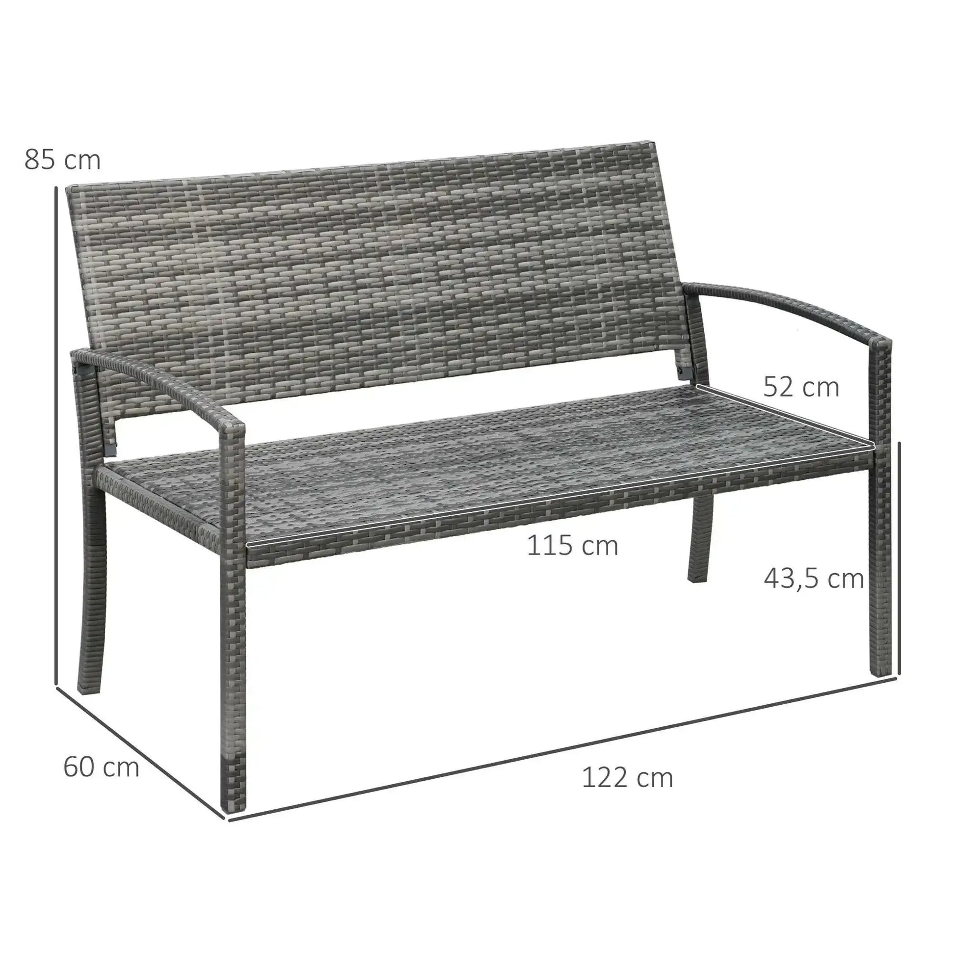2-Zits Polyrotan Parkbank – Grijs, Rotanlook met Gepoedercoat Stalen Frame, Weer- & UV-bestendig, Draagvermogen 320 kg – 122 cm