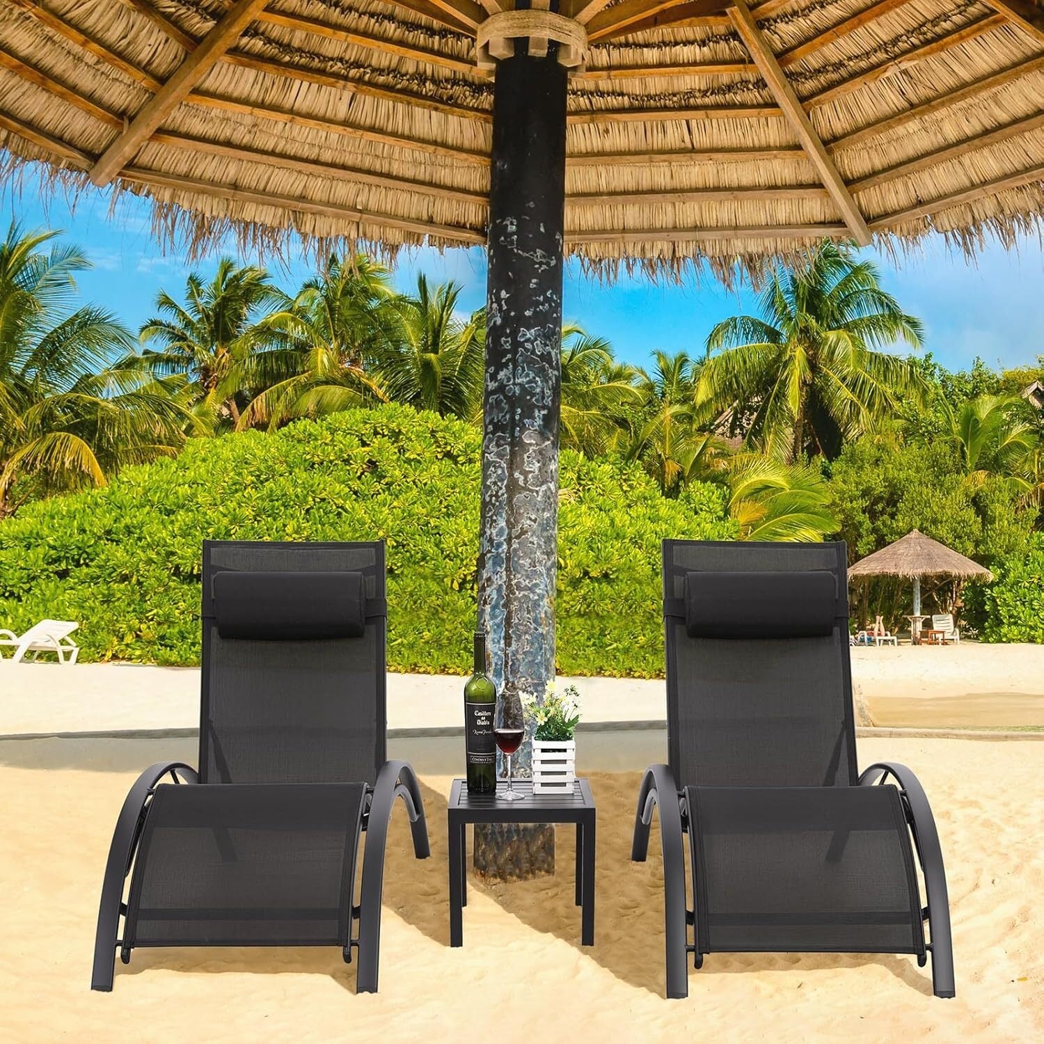 3-Delige Aluminium Loungeset voor Buiten – 2 Verstelbare Ligstoelen met Tafel, Ademend Textileen & Stapelbaar Design – Ideaal voor Tuin, Zwembad, Strand & Camping