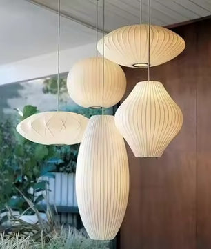 Moderne Zijde LED Hanglamp – Minimalistische Designer Plafondlamp – Witte Stoffen Kap – E27 – Voor Woonkamer, Restaurant & Hotel