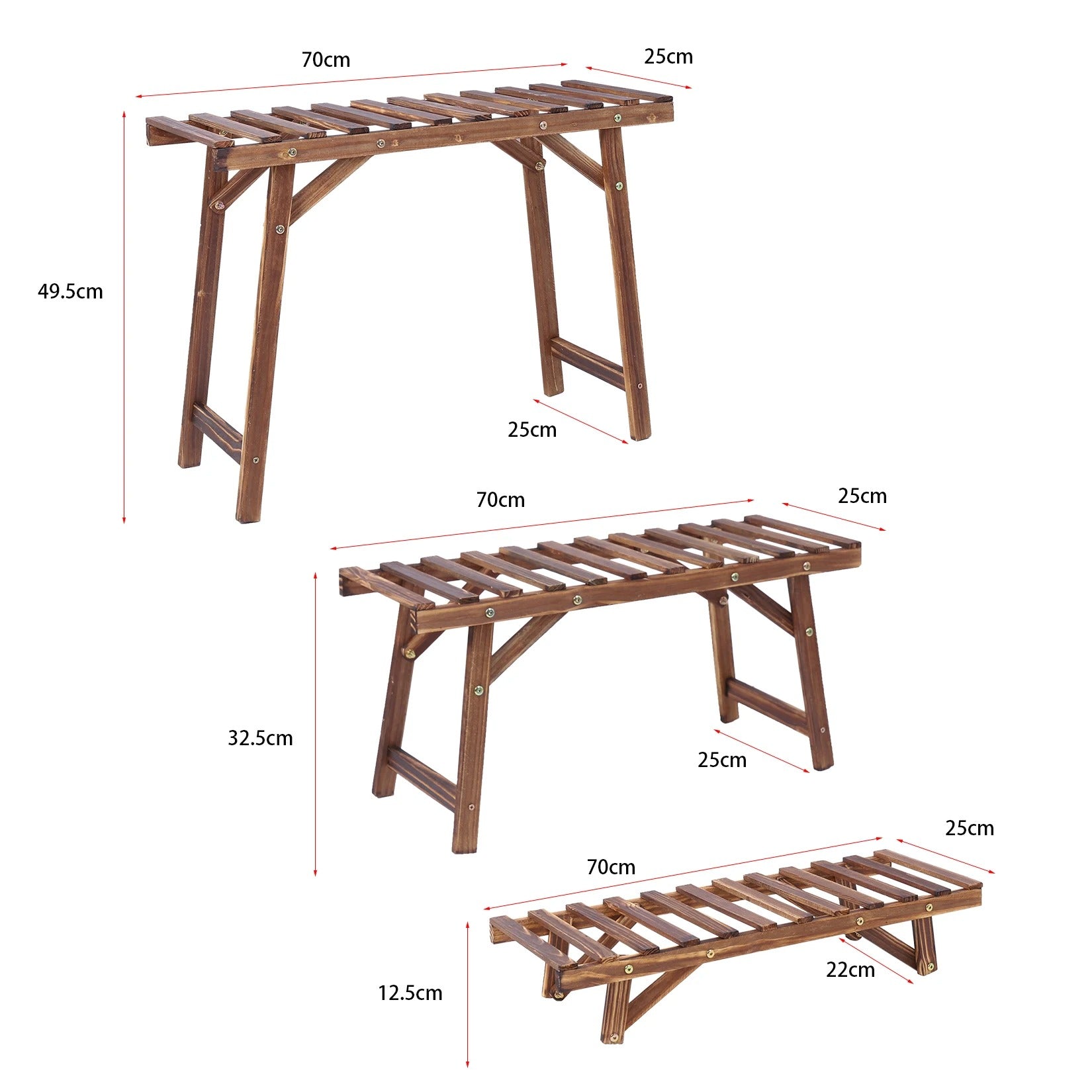Set van 3 Houten Plantenstandaards – Laddervormig Plantenrek van Grenenhout – Donkerbruin – Voor Binnen en Buiten