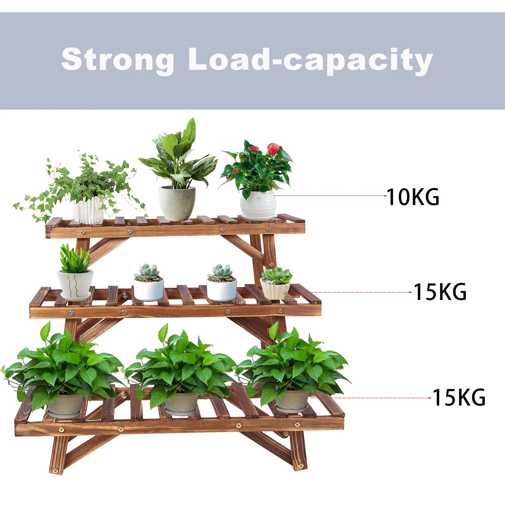 Set van 3 Houten Plantenstandaards – Laddervormig Plantenrek van Grenenhout – Donkerbruin – Voor Binnen en Buiten