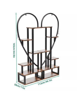 Set van 2 Halve Hartvormige Plantenstandaards – 6-Laags Verticaal Plantenrek – Metaal & MDF Hout – 112 × 28 × 165 cm – Voor Binnen en Buiten