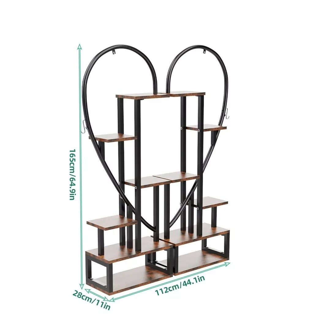 Set van 2 Halve Hartvormige Plantenstandaards – 6-Laags Verticaal Plantenrek – Metaal & MDF Hout – 112 × 28 × 165 cm – Voor Binnen en Buiten