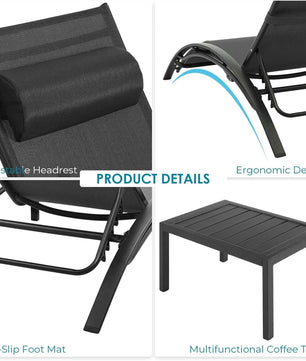3-Delige Aluminium Loungeset voor Buiten – 2 Verstelbare Ligstoelen met Tafel, Ademend Textileen & Stapelbaar Design – Ideaal voor Tuin, Zwembad, Strand & Camping