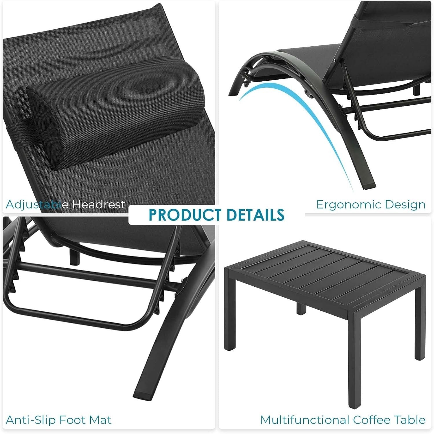 3-Delige Aluminium Loungeset voor Buiten – 2 Verstelbare Ligstoelen met Tafel, Ademend Textileen & Stapelbaar Design – Ideaal voor Tuin, Zwembad, Strand & Camping