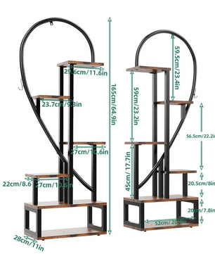 Set van 2 Halve Hartvormige Plantenstandaards – 6-Laags Verticaal Plantenrek – Metaal & MDF Hout – 112 × 28 × 165 cm – Voor Binnen en Buiten
