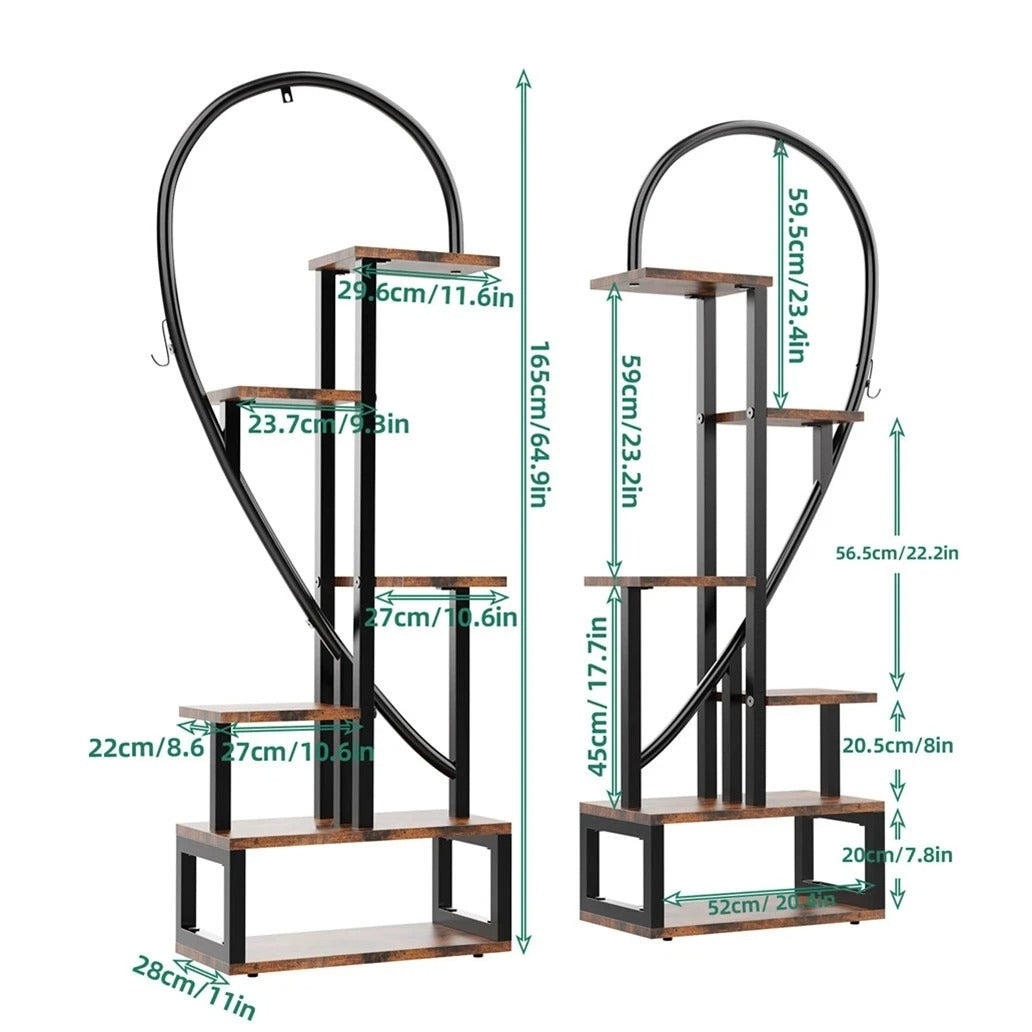Set van 2 Halve Hartvormige Plantenstandaards – 6-Laags Verticaal Plantenrek – Metaal & MDF Hout – 112 × 28 × 165 cm – Voor Binnen en Buiten