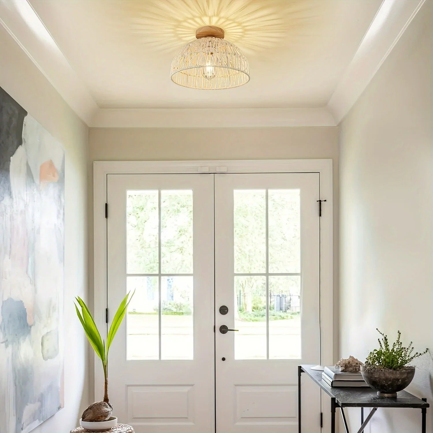 Handgemaakte Rotan Geweven Plafondlamp – Bohemian Semi-Embedded Hanglamp met E26/E27 Fitting voor Woonkamer, Slaapkamer & Eetkamer