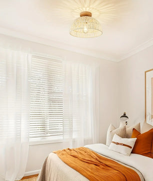 Handgemaakte Rotan Geweven Plafondlamp – Bohemian Semi-Embedded Hanglamp met E26/E27 Fitting voor Woonkamer, Slaapkamer & Eetkamer