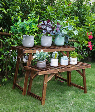 Set van 3 Houten Plantenstandaards – Laddervormig Plantenrek van Grenenhout – Donkerbruin – Voor Binnen en Buiten