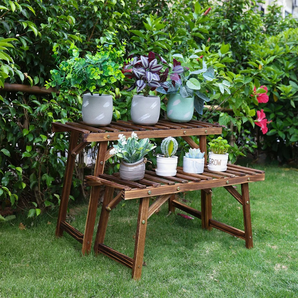 Set van 3 Houten Plantenstandaards – Laddervormig Plantenrek van Grenenhout – Donkerbruin – Voor Binnen en Buiten