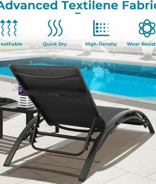 3-Delige Aluminium Loungeset voor Buiten – 2 Verstelbare Ligstoelen met Tafel, Ademend Textileen & Stapelbaar Design – Ideaal voor Tuin, Zwembad, Strand & Camping