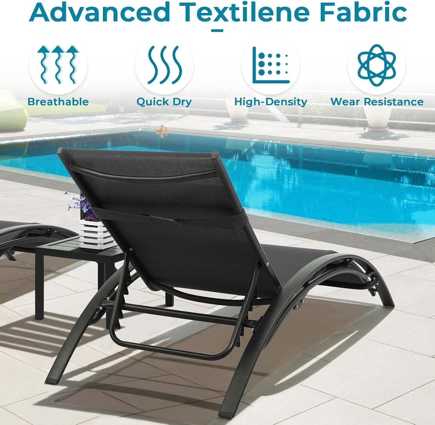 3-Delige Aluminium Loungeset voor Buiten – 2 Verstelbare Ligstoelen met Tafel, Ademend Textileen & Stapelbaar Design – Ideaal voor Tuin, Zwembad, Strand & Camping