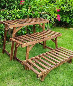Set van 3 Houten Plantenstandaards – Laddervormig Plantenrek van Grenenhout – Donkerbruin – Voor Binnen en Buiten