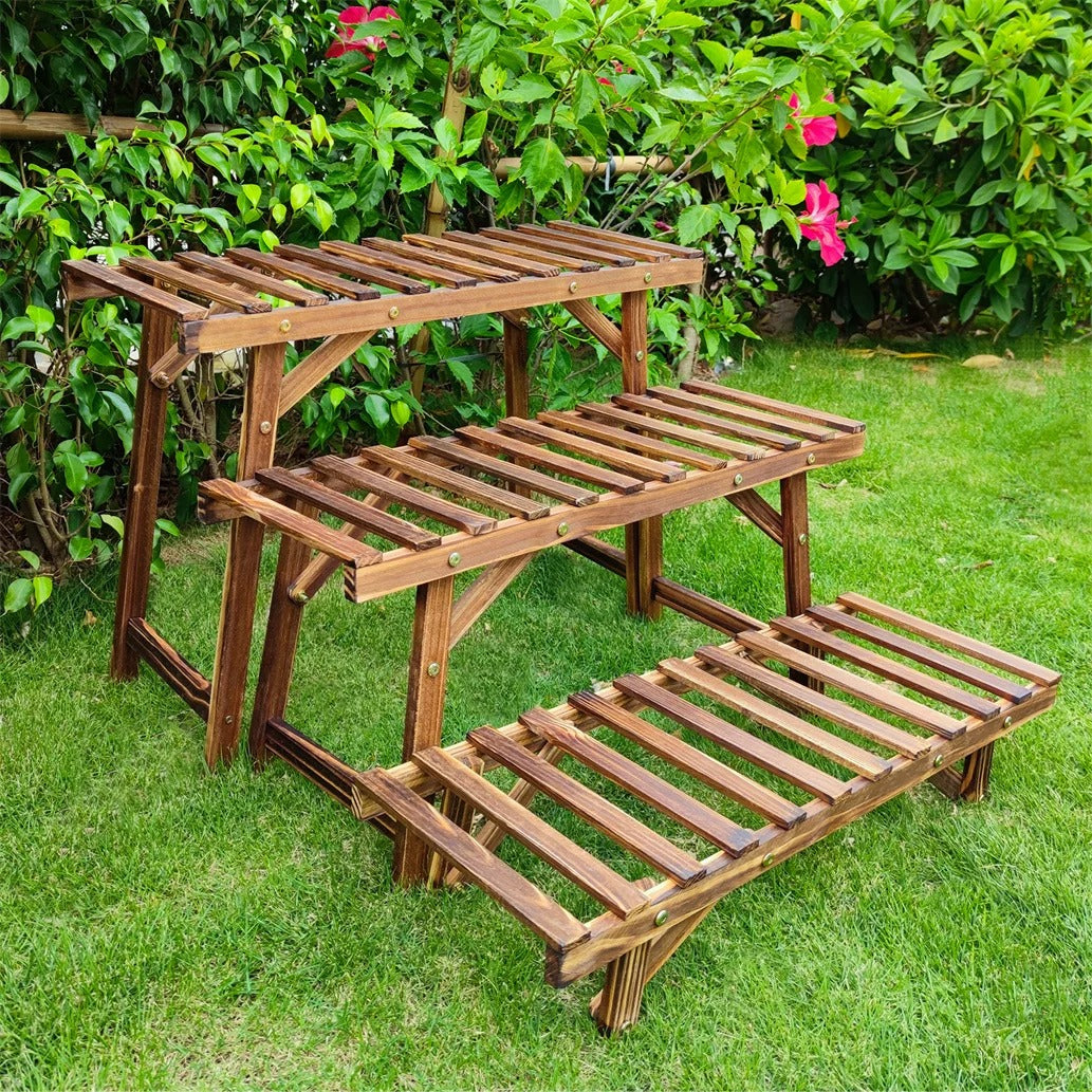 Set van 3 Houten Plantenstandaards – Laddervormig Plantenrek van Grenenhout – Donkerbruin – Voor Binnen en Buiten
