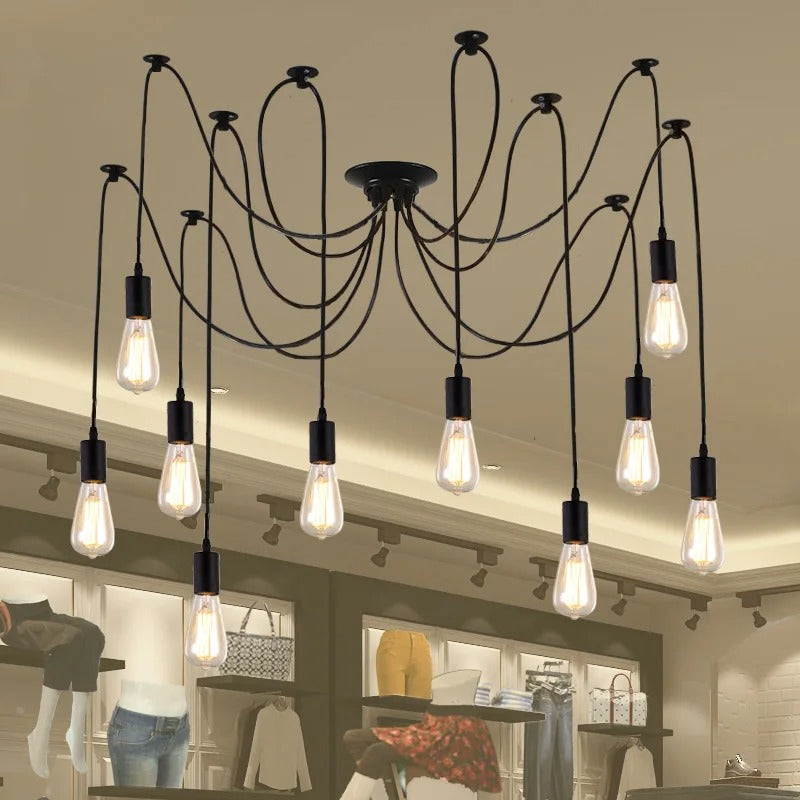 Vintage Spider Kroonluchter E27 – Industriële Plafondlamp met Meerdere Armen – Zwart Metaal – Voor Woonkamer, Keuken, Restaurant & Loft