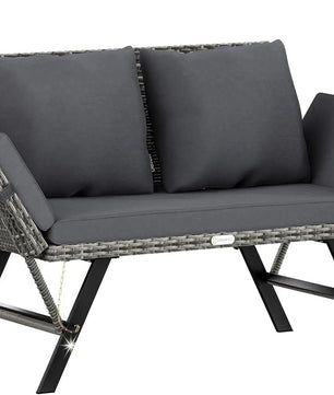 3-Zits Polyrattan Tuinbank met Verstelbare Armleuningen – Omvormbaar tot Ligstoel, Inclusief Weerbestendige Kussens & Stalen Frame – 176 cm