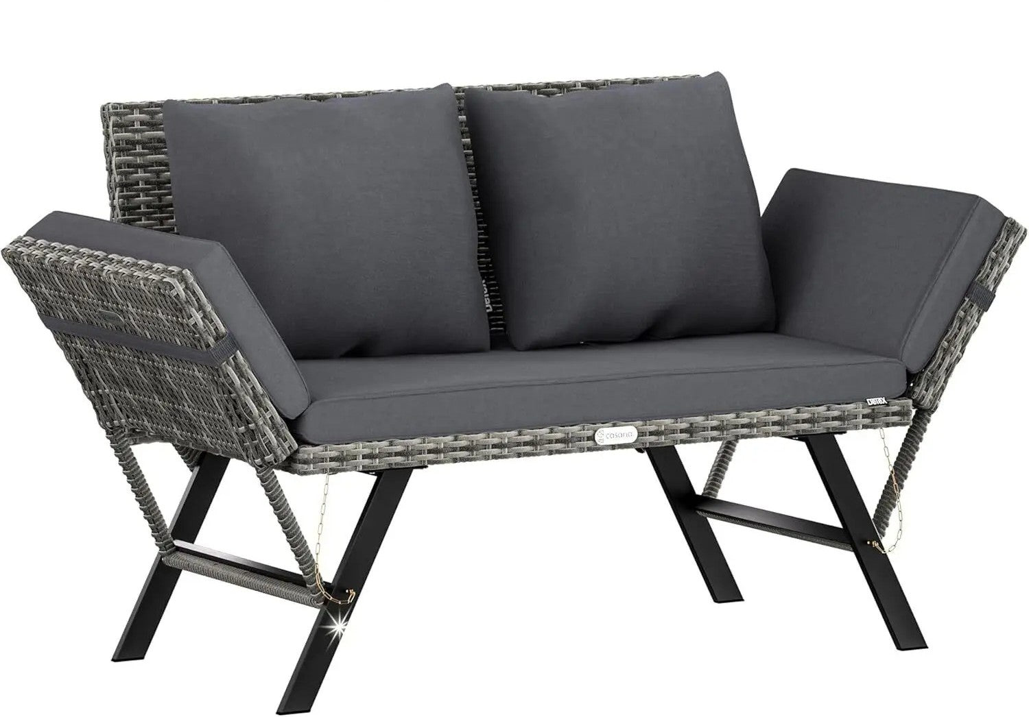 3-Zits Polyrattan Tuinbank met Verstelbare Armleuningen – Omvormbaar tot Ligstoel, Inclusief Weerbestendige Kussens & Stalen Frame – 176 cm