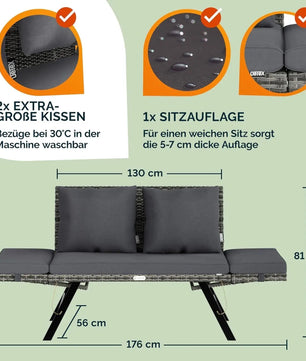 3-Zits Polyrattan Tuinbank met Verstelbare Armleuningen – Omvormbaar tot Ligstoel, Inclusief Weerbestendige Kussens & Stalen Frame – 176 cm
