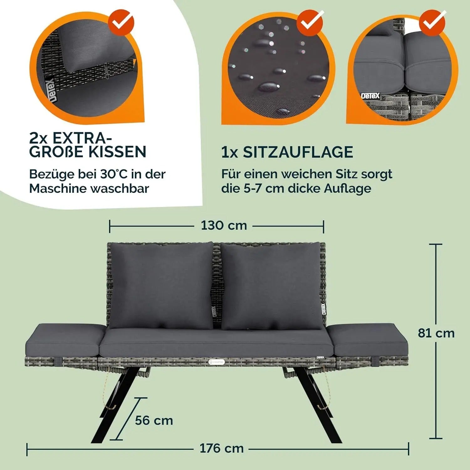 3-Zits Polyrattan Tuinbank met Verstelbare Armleuningen – Omvormbaar tot Ligstoel, Inclusief Weerbestendige Kussens & Stalen Frame – 176 cm