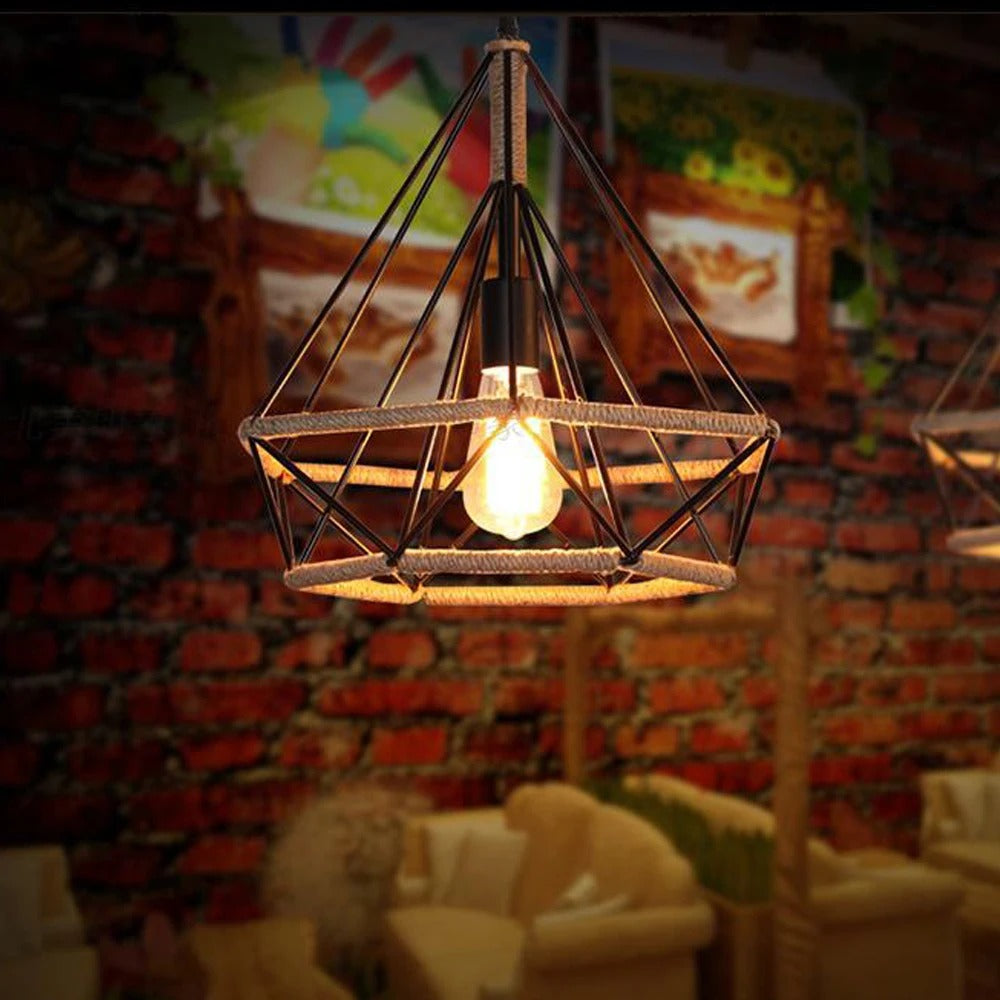 Industriële Henneptouw Hanglamp E27 – Vintage Loft Hanglamp van Natuurlijk Touw & Zwart Metaal – Verstelbare Hoogte – Voor Woonkamer, Eetkamer, Café & Bar