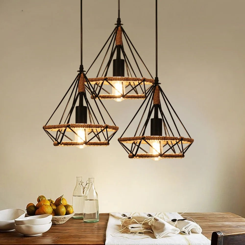 Industriële Henneptouw Hanglamp E27 – Vintage Loft Hanglamp van Natuurlijk Touw & Zwart Metaal – Verstelbare Hoogte – Voor Woonkamer, Eetkamer, Café & Bar