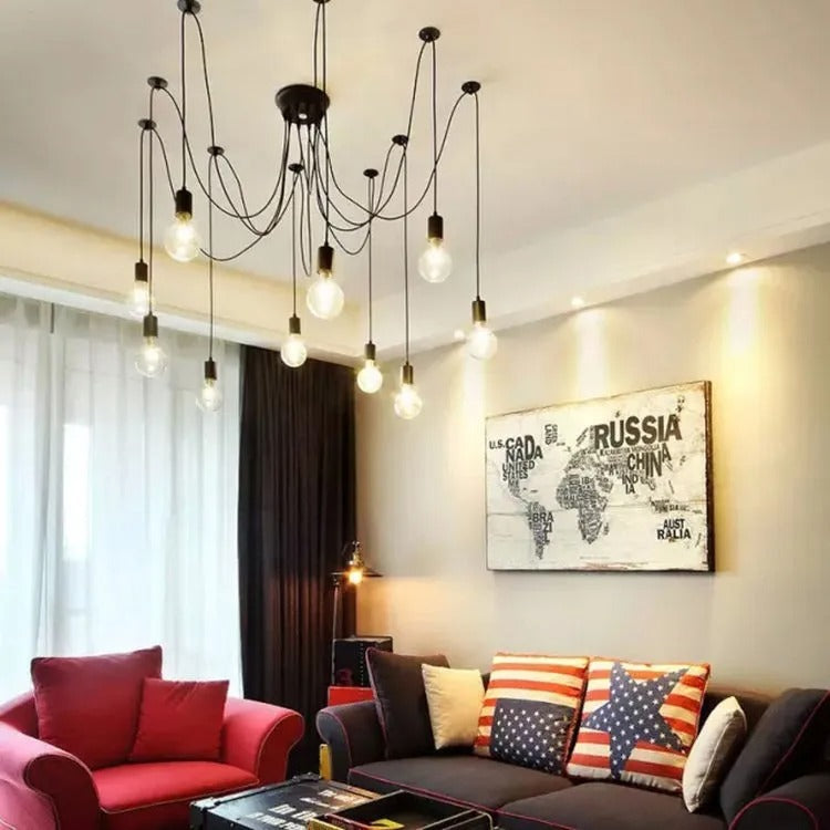 Vintage Spider Kroonluchter E27 – Industriële Plafondlamp met Meerdere Armen – Zwart Metaal – Voor Woonkamer, Keuken, Restaurant & Loft