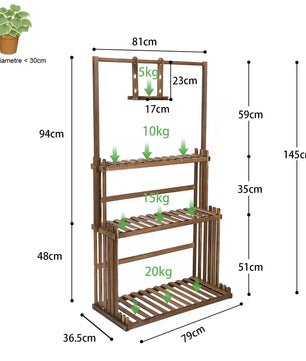 Houten Plantenstandaard met Ophangstang – 3-Laags Plantenrek van Massief Dennenhout – Met Hanggedeelte – Voor Binnen en Buiten
