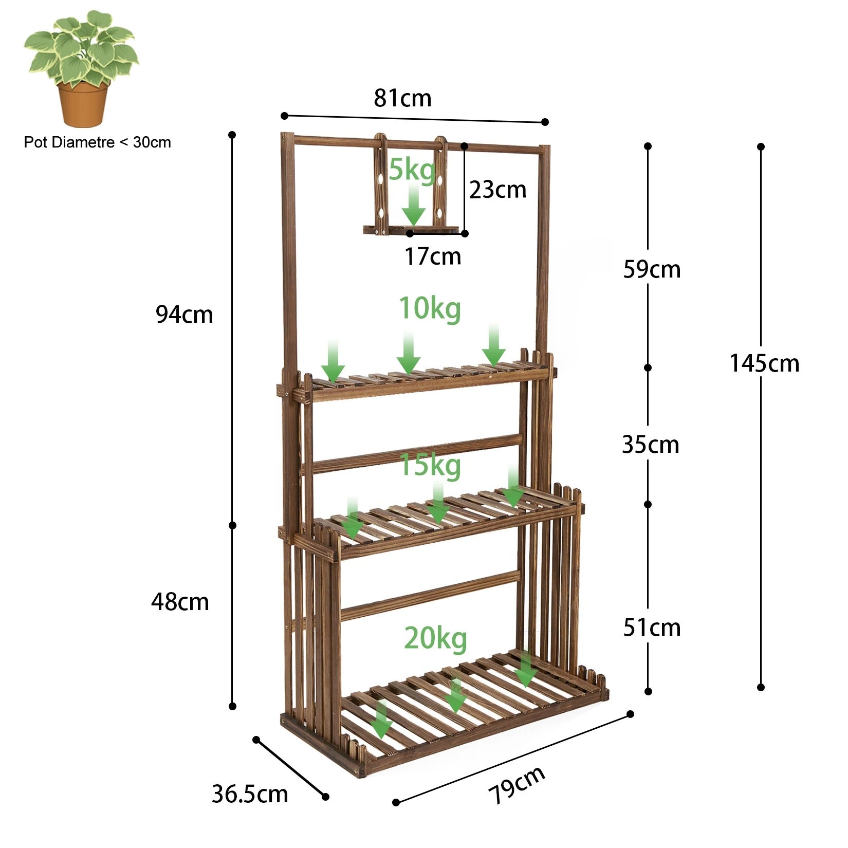 Houten Plantenstandaard met Ophangstang – 3-Laags Plantenrek van Massief Dennenhout – Met Hanggedeelte – Voor Binnen en Buiten