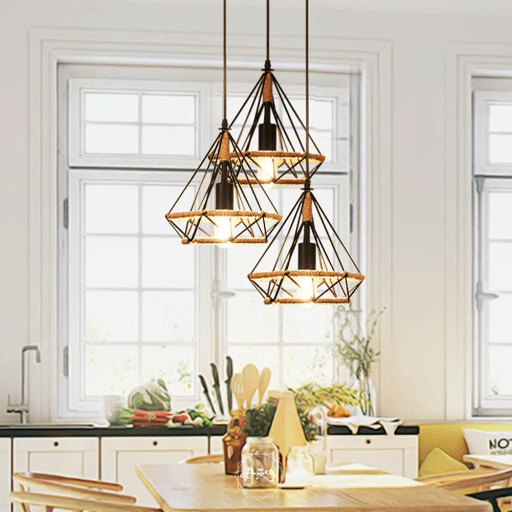 Industriële Henneptouw Hanglamp E27 – Vintage Loft Hanglamp van Natuurlijk Touw & Zwart Metaal – Verstelbare Hoogte – Voor Woonkamer, Eetkamer, Café & Bar