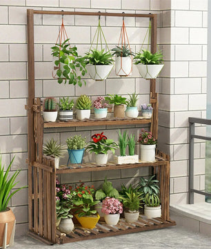 Houten Plantenstandaard met Ophangstang – 3-Laags Plantenrek van Massief Dennenhout – Met Hanggedeelte – Voor Binnen en Buiten