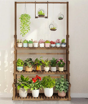 Houten Plantenstandaard met Ophangstang – 3-Laags Plantenrek van Massief Dennenhout – Met Hanggedeelte – Voor Binnen en Buiten