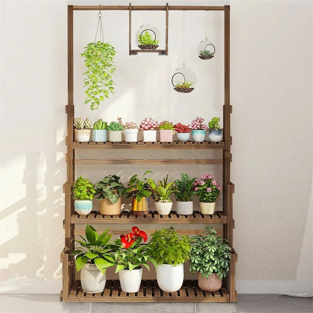 Houten Plantenstandaard met Ophangstang – 3-Laags Plantenrek van Massief Dennenhout – Met Hanggedeelte – Voor Binnen en Buiten