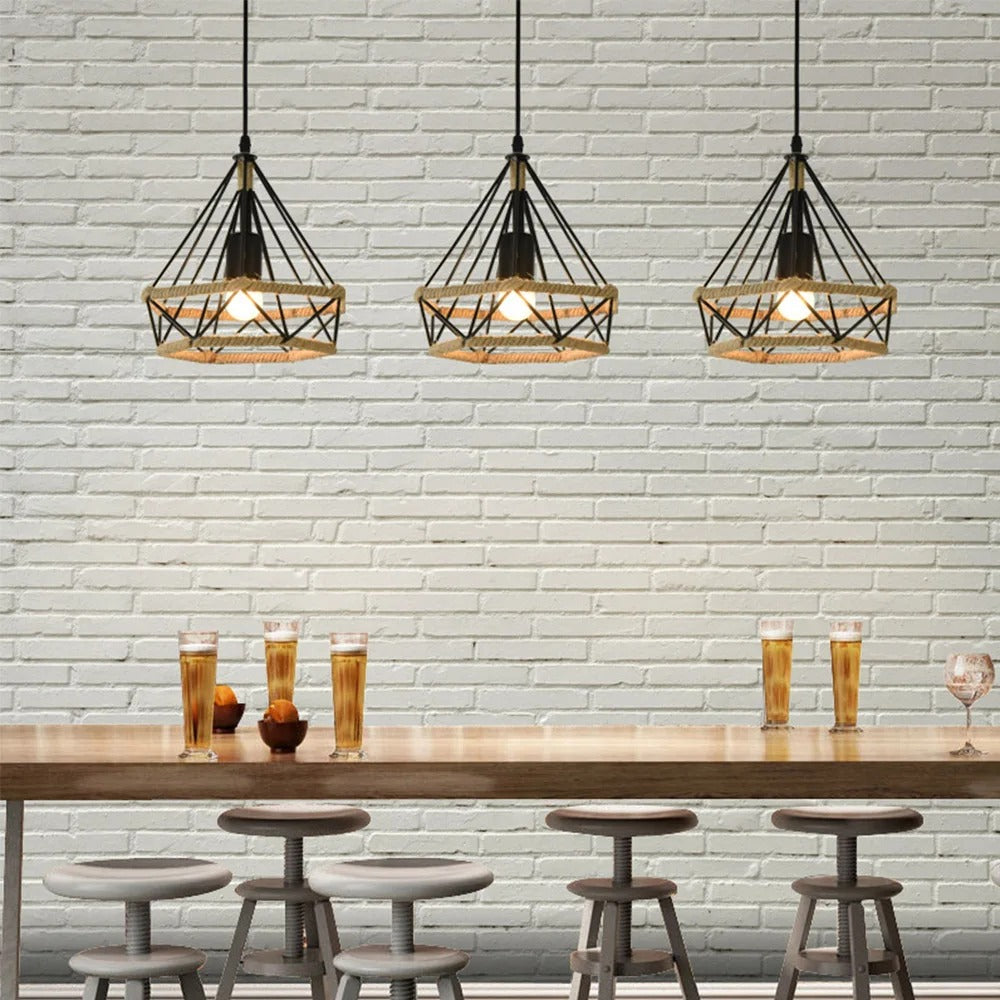 Industriële Henneptouw Hanglamp E27 – Vintage Loft Hanglamp van Natuurlijk Touw & Zwart Metaal – Verstelbare Hoogte – Voor Woonkamer, Eetkamer, Café & Bar