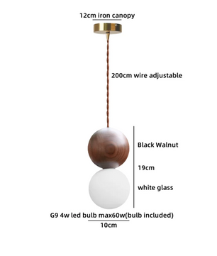 Moderne Houten LED Hanglamp met Glazen Bol – Zwart Walnoot G9 – Scandinavisch & Japans Design voor Slaapkamer, Eetkamer & Woonkamer