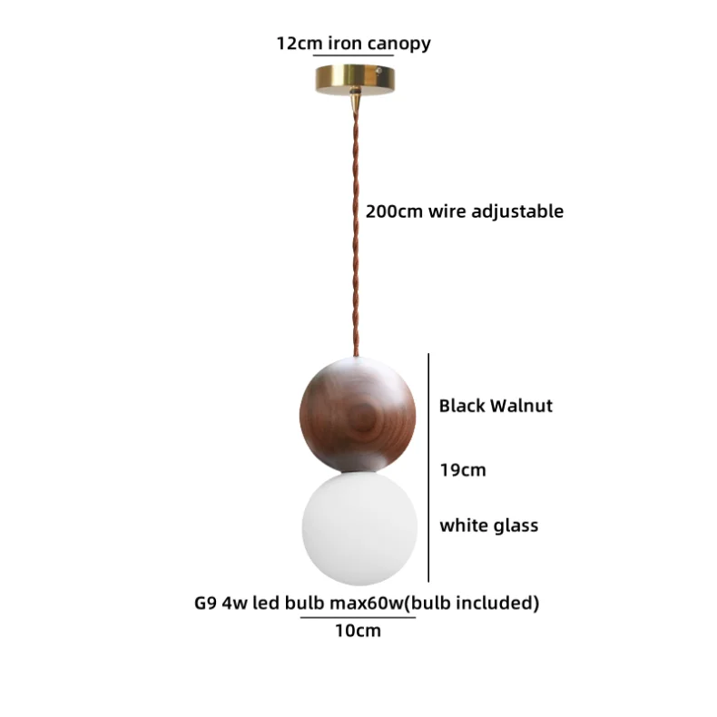 Moderne Houten LED Hanglamp met Glazen Bol – Zwart Walnoot G9 – Scandinavisch & Japans Design voor Slaapkamer, Eetkamer & Woonkamer