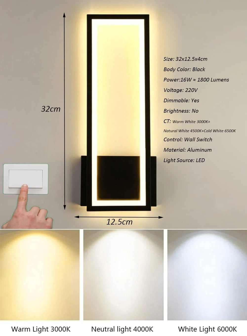 Moderne LED Wandlamp – 16W Acryl Wandverlichting – Zwart – Warm Wit 3000K – Voor Gang, Trap en Woonruimte