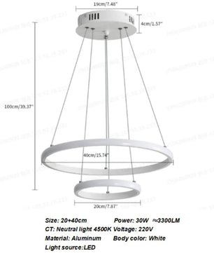 2-Ring Zwarte Hanglamp – Moderne LED Plafondlamp van Aluminium met Dubbele Ronde Ringen – 27W Koud Wit Licht 6500K voor Woonkamer en Eetkamer