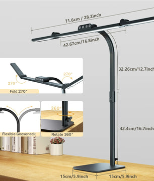 LED Bureaulamp met Klem – 24W Architect Tafellamp met 7 Gewrichten – Automatisch Dimmen, Asymmetrisch Licht en CRI>90
