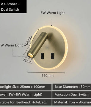 Moderne LED Wandlamp met USB Oplaadpoorten – Verstelbare Leeslamp en Sfeerverlichting voor Slaapkamer en Hotel