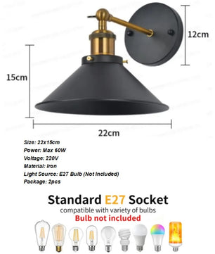Vintage Industriële Wandlamp – Zwart Metalen Wandverlichting met Houtaccent en E27 Fitting – Retro Design voor Interieur