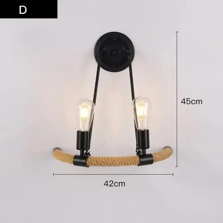 Retro Industriële Wandlamp met Henneptouw – IJzeren Wandverlichting E27 voor Woonkamer en Slaapkamer