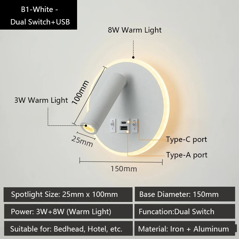 Moderne LED Wandlamp met USB Oplaadpoorten – Verstelbare Leeslamp en Sfeerverlichting voor Slaapkamer en Hotel