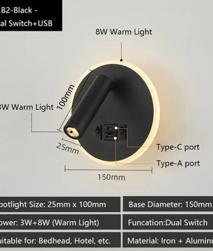 Moderne LED Wandlamp met USB Oplaadpoorten – Verstelbare Leeslamp en Sfeerverlichting voor Slaapkamer en Hotel