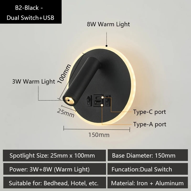 Moderne LED Wandlamp met USB Oplaadpoorten – Verstelbare Leeslamp en Sfeerverlichting voor Slaapkamer en Hotel
