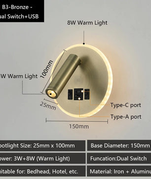 Moderne LED Wandlamp met USB Oplaadpoorten – Verstelbare Leeslamp en Sfeerverlichting voor Slaapkamer en Hotel