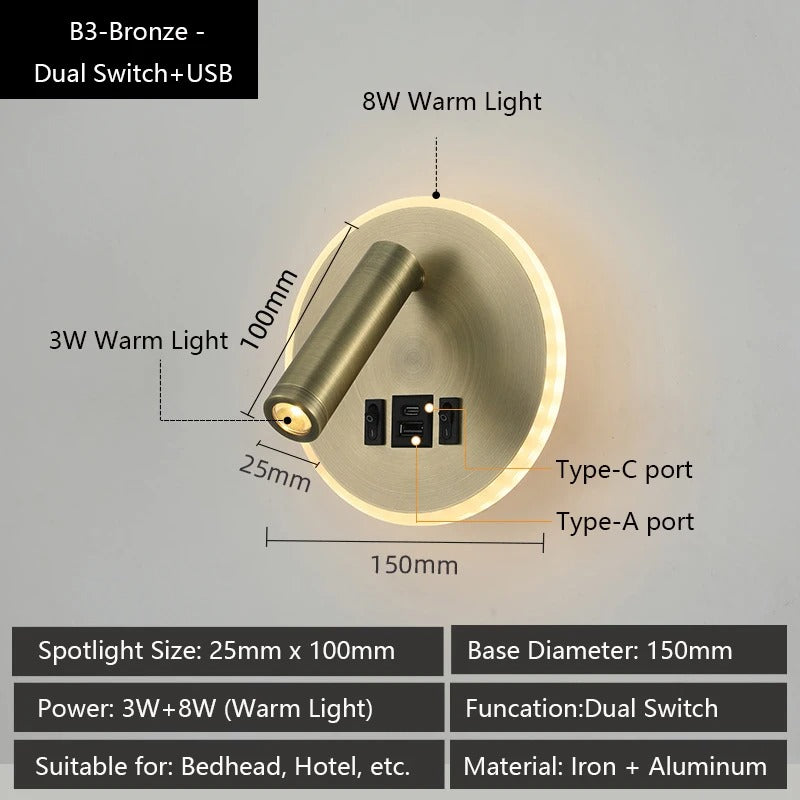 Moderne LED Wandlamp met USB Oplaadpoorten – Verstelbare Leeslamp en Sfeerverlichting voor Slaapkamer en Hotel